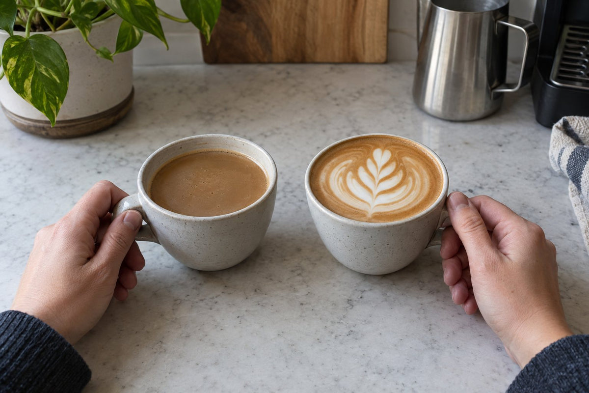 A flat white in a ceramic cup