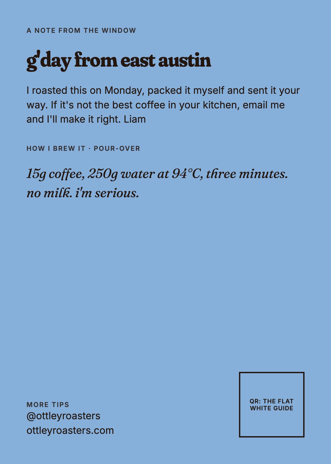 First Light back label with the pour-over recipe