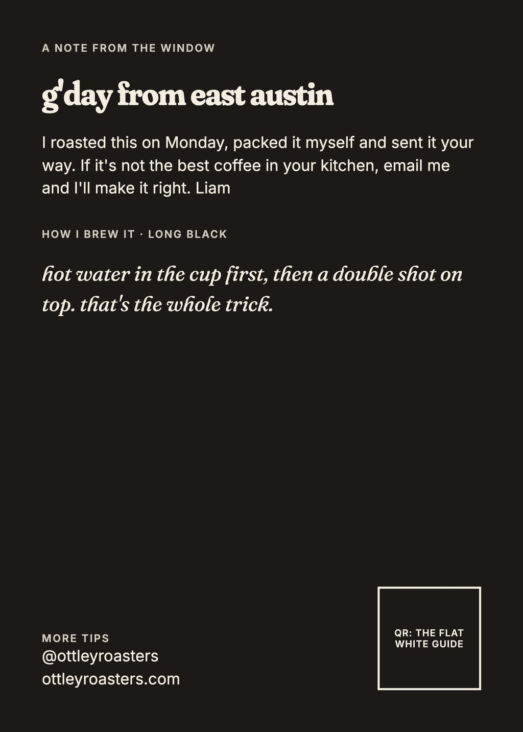 Long Black back label with the long black recipe