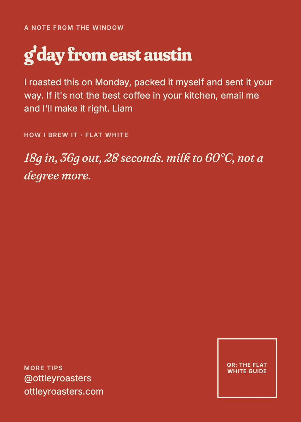 Sweet As back label with Liam's flat white recipe