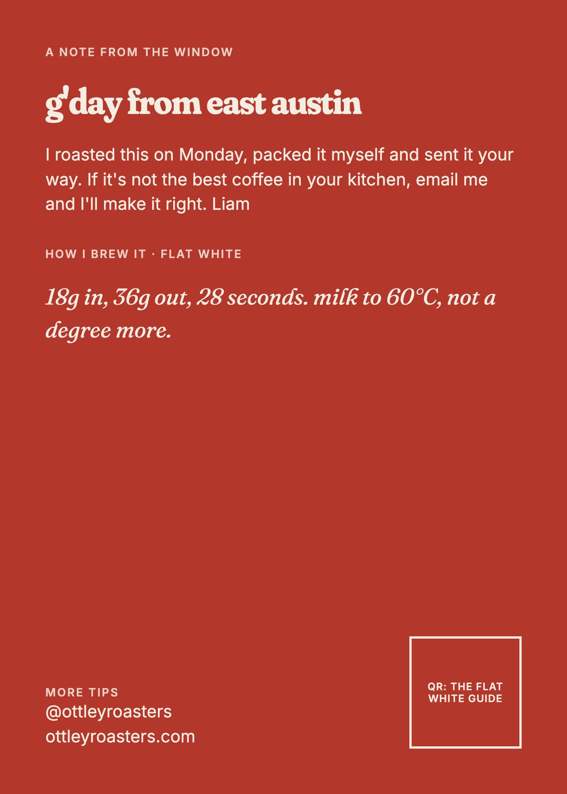 Sweet As back label with Liam's flat white recipe