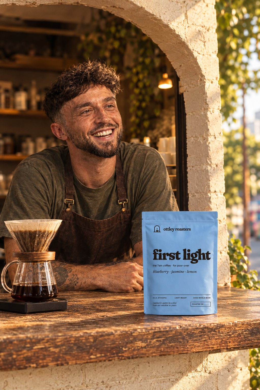 First Light bag on the window counter