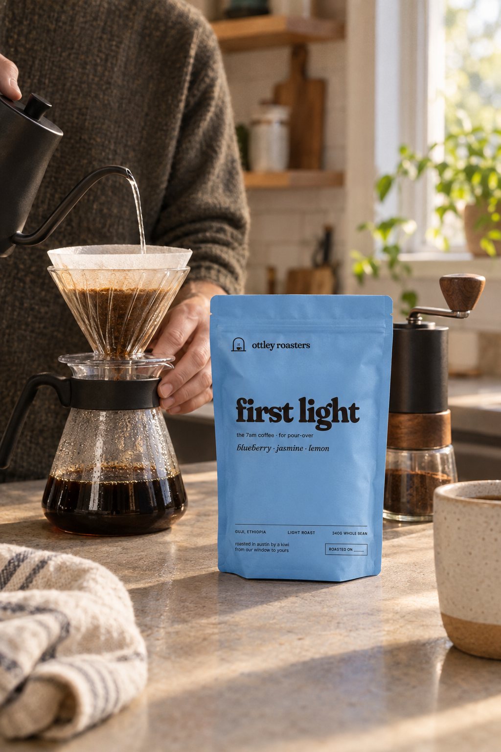 First Light bag beside a pour-over