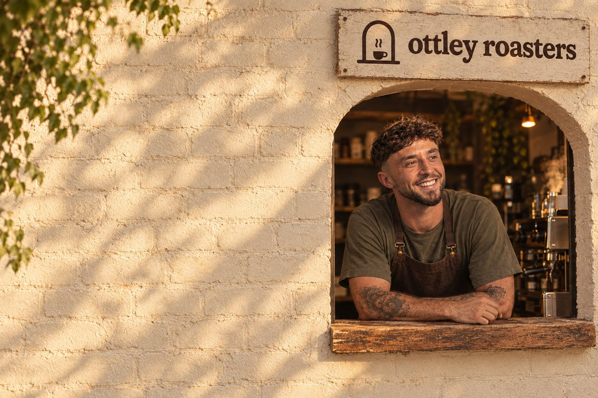 Liam at the Ottley Roasters window in East Austin