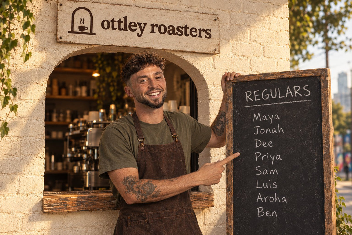 Liam pointing at the regulars chalkboard