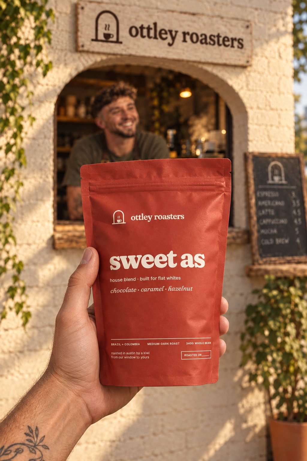 Holding a bag of Sweet As